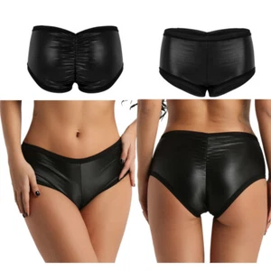Women's Faux Leather Bikini Bottom Scrunch Butt Ruched Brief Panties Lingerie - Picture 1 of 24