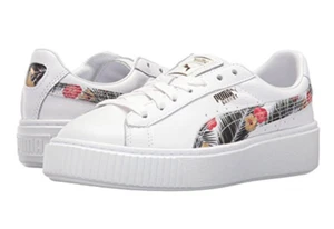 PUMA Basket Platform Aloha Jr UK 3 - 6 White Leather Floral Sneaker Trainers - Picture 1 of 7