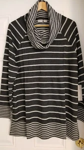 Women's Chico's Zenergy Heather Grey Stripe Cowl Stylish Flowy Knit Tunic 3- XL - Picture 1 of 12