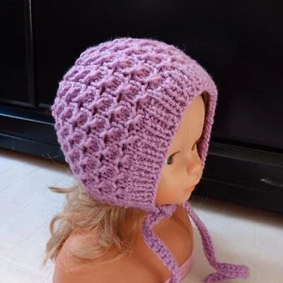 Sombrero bebé niña BONNET tejido acrílico hecho a mano púrpura talla 1-3 meses Foto 1 de 4