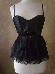 M-Victorian Gothic Black Satin & Layered Lace Corset Top Removable Straps - Picture 1 of 4