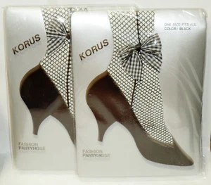 2 KORUS Fashion Pantyhose BLACK Fishnet W Bow  Fits 5'5" To 5'8" 100lb To 165lb - Picture 1 of 1