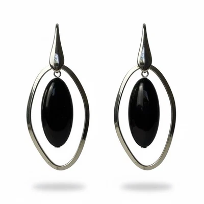 Silver Stainless Steel Black Onyx Earrings - 2” Dangle - Made In Italy - Image 1 of 4