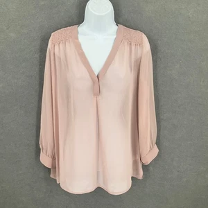 Chelsea 28 Top Women's Blouse Romantic Smocked V-Neck Sheer Blush Pink Sz L - Picture 1 of 9