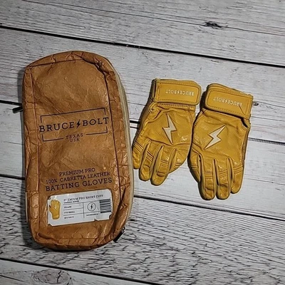 Guantes de Bateo Bruce Bolt Juveniles Pequeños Premium Pro Puño Corto Cuero Amarillo Foto 1 de 4