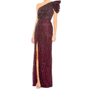 Mac Duggal One Shoulder Puff Sleeve Sequin Formal Dress Gown Blackberry Size 8 - Picture 1 of 24