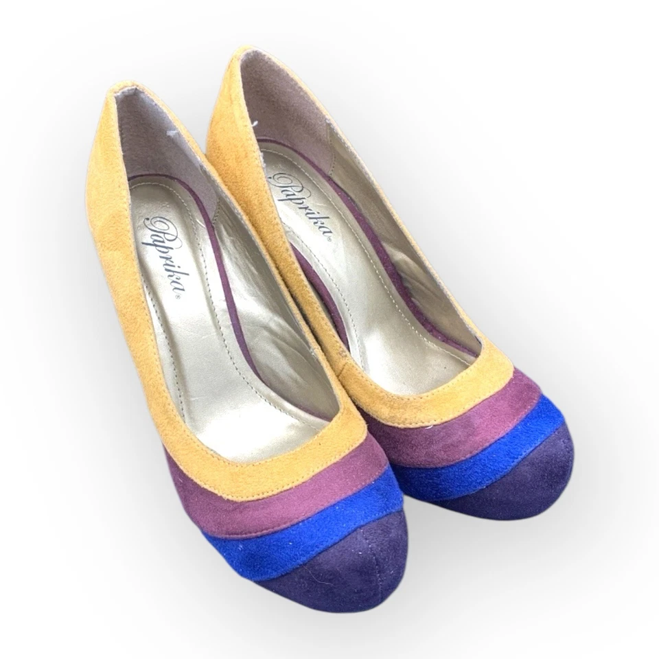 Tacones Plataforma Gamuza Colorblock Multi-Tono Púrpura Azul Mostaza Talla 6M Retro Foto 1 de 4