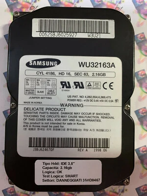 Hard Disk IDE 3,5" 2.16GB SAMSUNG WU32163A 0062SBJ6025927 J3BJ624670F 1998.06 - Immagine 1 di 4