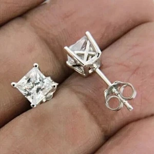 2.50Ct Princess Cut D/VVS1 Natural Moissanite 14k White Gold Plated Stud Earring - Picture 1 of 4