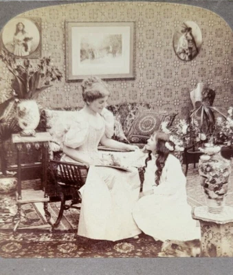 Старинная 3D-фотокарта Then The Fairies Went to Bed женщина и ребенок стереоизображение - Изображение 1 из 3