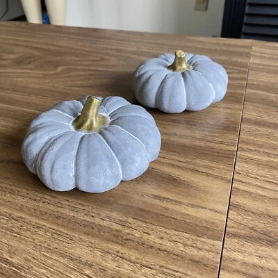 Vintage Cement Pumpkins Shimmering Metallic Gold Stem Fall Home Table Decor - Image 1 of 4