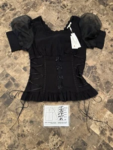 NWT Belle Poque Black Lacy Laced Side Steampunk Half Sleeve Gothic Blouse Size M - Picture 1 of 21