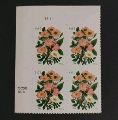 US Stamps SC# 3837 MNH 60c Pink Roses. Plate Block Of 4. Free Shipping! - Image 1 of 2