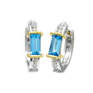 Andrea Candela 18k Yellow Gold Blue Topaz Emerald Cut Hoop Earrings ACE437-BT - Picture 1 of 1