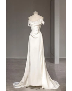 Mermaid Short Sleeves Wedding Dress Satin Off Shoulder Bride Dress Satin - Picture 1 of 6