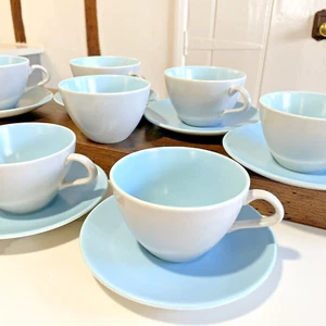 Poole Pottery Twintone Wide Cups Saucers x 6 Sugar Bowl x 1 Sky Blue Dove Grey - Picture 1 of 18