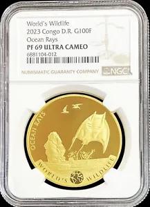 2023 GOLD CONGO DEMOCRATIC REPUBLIC 100 FRANCS 1 OZ OCEAN RAYS COIN NGC PF 69 UC - Picture 1 of 2