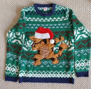 Cat Dabbing Christmas Sweater Kids XL/XG 14-16 Holiday Time Green Navy Santa Hat - Picture 1 of 9