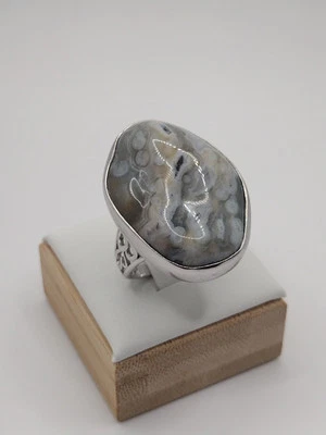 ANILLO GRANDE ARTESANAL PLATA ESTERLINA DISEÑO FILIGRANA MUSGO ÁGATA TALLA 9.50 14.8G Foto 1 de 4