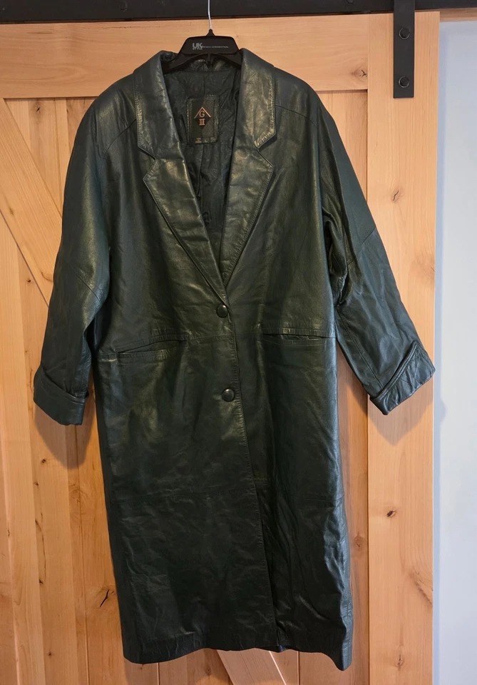 Vintage Global Identity GIII Leather Coat Trench Womens L Green Boho Chic 80s - Image 1 of 4
