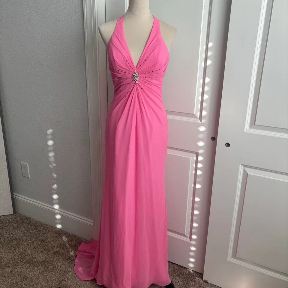 Flirt by Maggy Sottero Pink Formal Gown Halter Neck Prom Pink Beaded Y2K XS - Image 1 of 4