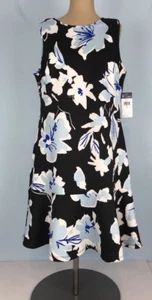 Chaps Floral Sleeveless Dress Size 14 Party Wedding Work Black Blue White - Picture 1 of 8