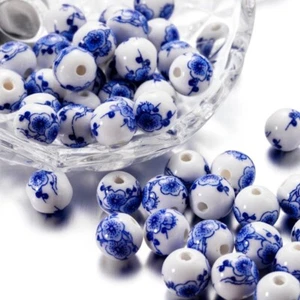 50 piezas Cuentas de porcelana de porcelana azul blanco y flor de cerámica hechas a mano 11 mm hágalo usted mismo Fabricación de joyas - Imagen 1 de 4
