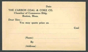 Ca 1938 PC BOSTON MA THE CARBON COAL & COKE CO WANTS QUOTE ON PRICES UNMAILED - Picture 1 of 1