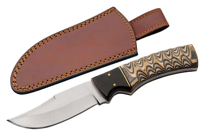 Fixed Blade Hunting Skinner Knife Full Tang Gray Tan Wood Handle Leather Sheath - Image 1 of 4