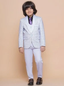 5 Piece Checkered Suit Set For Boys Cotton Blend Party Wear Coat Pant Suit - Picture 1 of 25