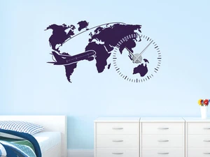 Wandtattoo Uhr mit Uhrwerk Wanduhr für Schlafzimmer Flugzeug Weltkarte Karte - Bild 1 von 31
