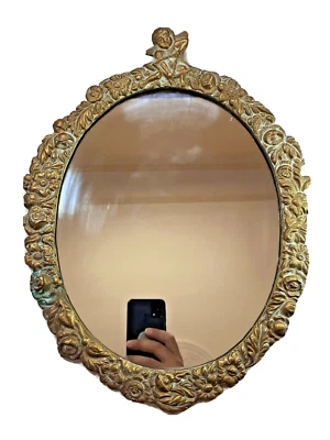 Antique Vintage Rare Old Oval Shaped Bronze Brass Mirror Angel Glass - Image 1 of 4