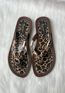 GRANDCO Womens Sandals Sz 7 Leopard V-Thong Bling Dressy Animal Print Gemstones