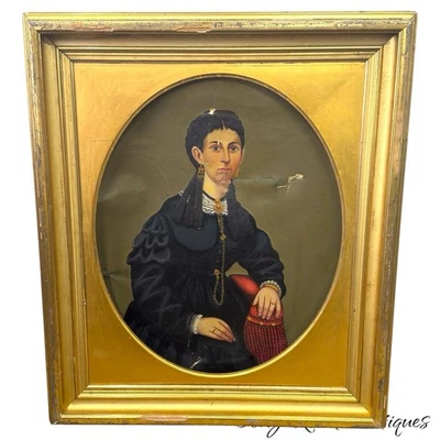 antique american portrait frame & painting oil 1800s water gilt large gilded - Image 1 of 4