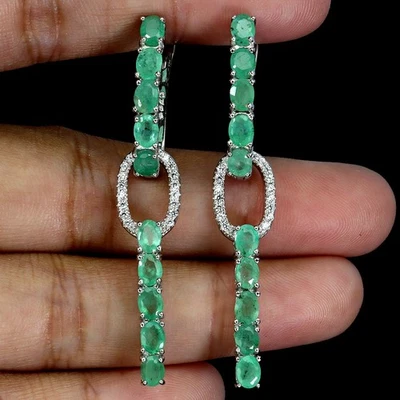 925 Sterling Silver Earrings Oval Emerald 4x3mm Natural Gemstone Jewelry - Image 1 of 4