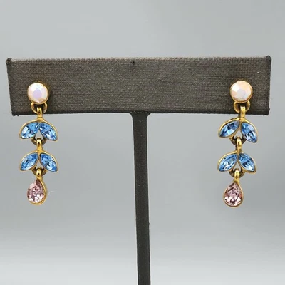 St. John Blue Marquise Pink Pear Crystal Gold Plated Dangle Vine Post Earrings - Image 1 of 4