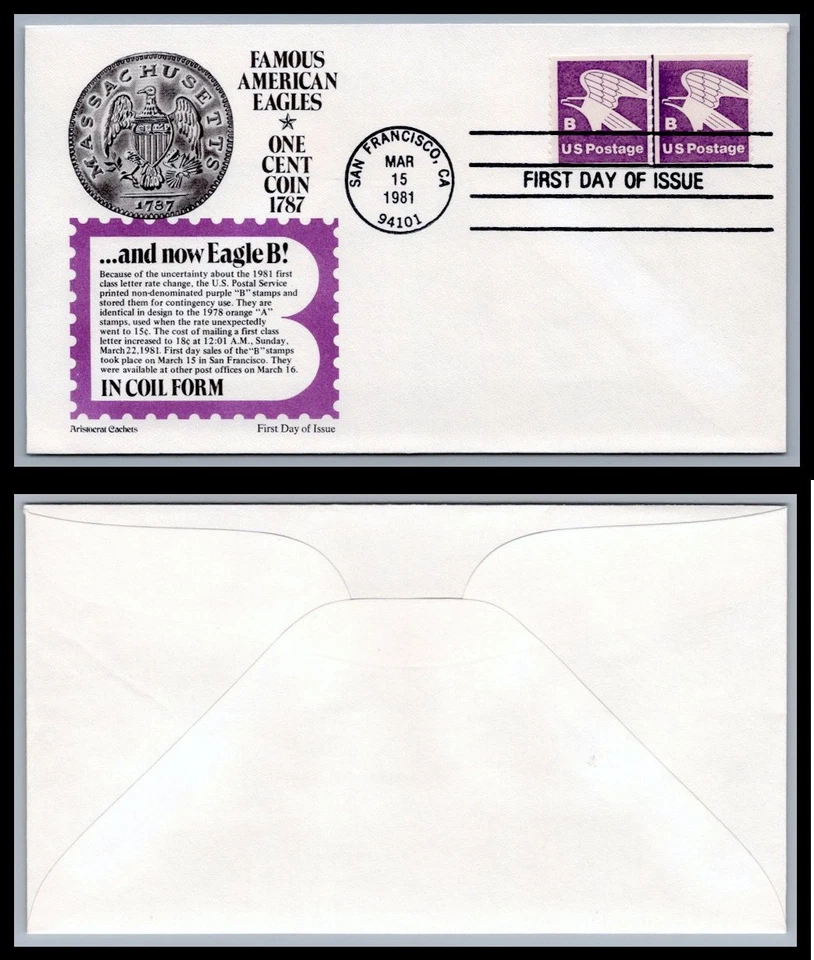 US FDC # 1820 "B" Rate (18c) Eagle Coil Aristocrat Line Pair  1981, 9Q1104 - Image 1 of 1
