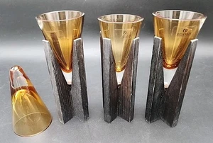 3-Vintage Zodax Amber Glass Candle Holders & Wooden Stands Portugal. Extra Glass - Picture 1 of 13
