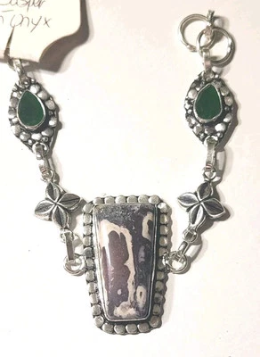 18821. Porcelain Jasper & Green Onyx Handmade 925 Silver Bracelet 20 Gms  - Image 1 of 4