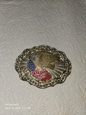 VTG Crumrine American Eagle Flag Belt Buckle Heavy Silver Plate/Bronze USA Shiny - Image 1 of 4