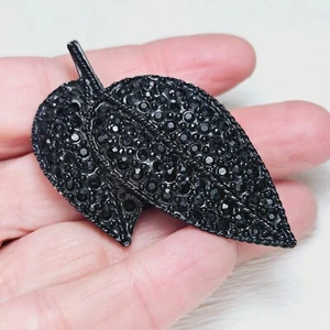 Vintage Black Rhinestone Japanned Black Finish 2 Leaves Brooch 2.4" #2 - Picture 1 of 6