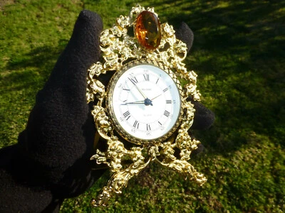 Antiguo reloj despertador alemán vintage de latón dorado con gema de topacio amarillo  Foto 1 de 4
