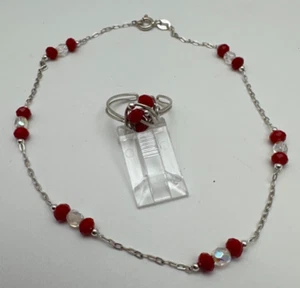 Sterling Silver .925 Red & AB Clear Crystal Beaded 10 3/4" Anklet & Toe Ring - Picture 1 of 7