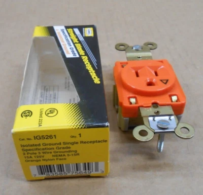 NEW HUBBELL IG5261 ISOLATED GROUND SINGLE RECEPTACLE ORANGE 15A 125V NEMA 5-15R - Image 1 of 4