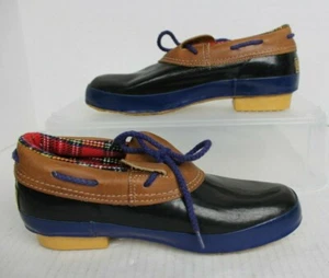 LANDS END Ankle Duck Rain Boots Fleece Insoles Blue and Tan Women’s Size 8 GUC - Picture 1 of 6