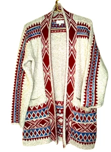 LUCKY BRAND Open Cardigan M Southwest Aztec Tribal Red Blue Pocket Cotton Bl L/S - Picture 1 of 8