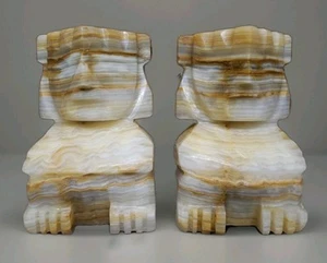 Aztec Carved Onyx Mayan Stone Marble Bookends 5.25" Statues Made In Mexico VG  - Picture 1 of 14
