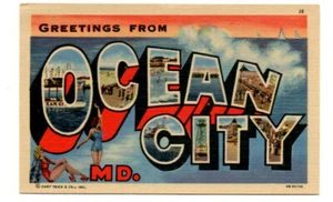 OCEAN CITY, Maryland MD ~ Curteich, Edwards 1940s Postcard ~ Large Letter - Picture 1 of 2