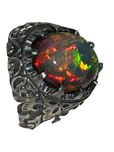 Herrenring äthiopischer schwarzer Feueropal Sterlingsilber - kostenloser Versand USA - Bild 1 von 10