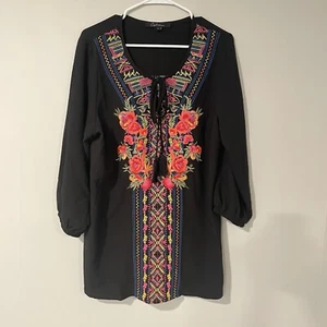 CALESSA Embroidered Tunic Size Large Black Gauze Mixed Media Floral Boho Gypsy - Picture 1 of 10